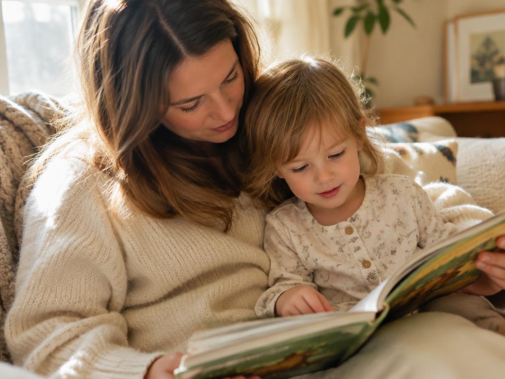 A parent and child reading a picture book together