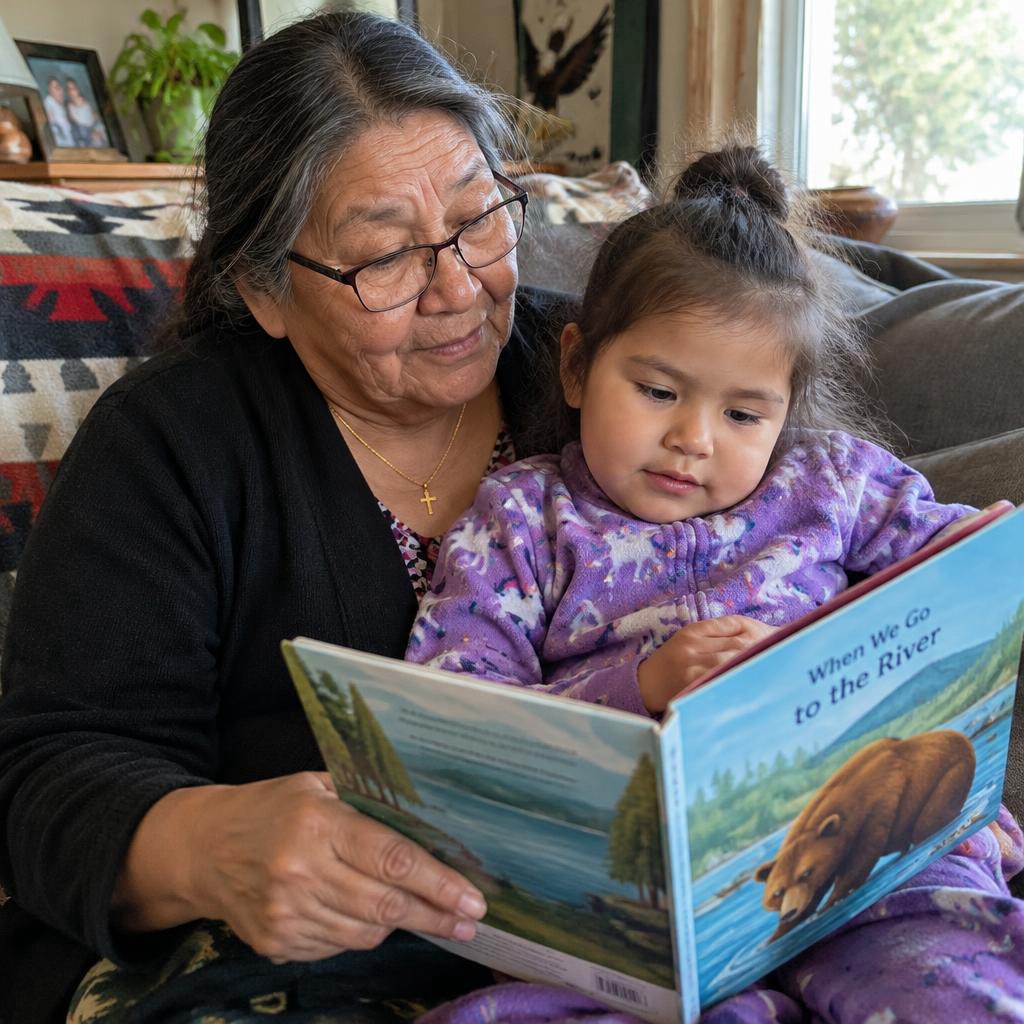 A grandmother reads a picture book with her grandchild