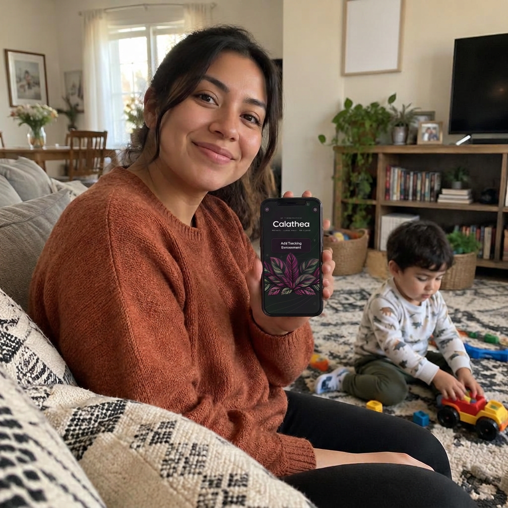 A mother on the couch holds up Calathea while her son plays