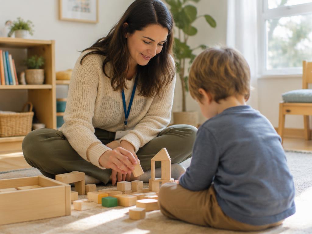 A therapist building with wooden blocks alongside a child