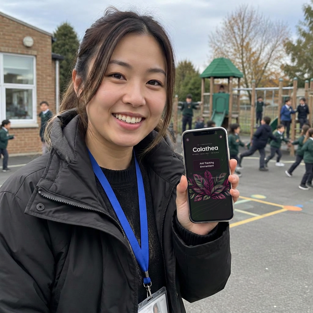 An educational assistant at recess holds up Calathea on her phone