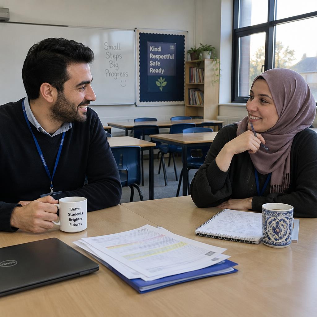 Two teachers talk together at a table after class