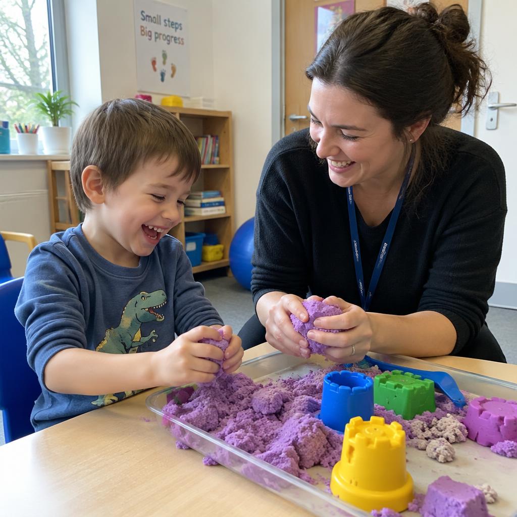 A therapist and child laugh while playing with kinetic sand