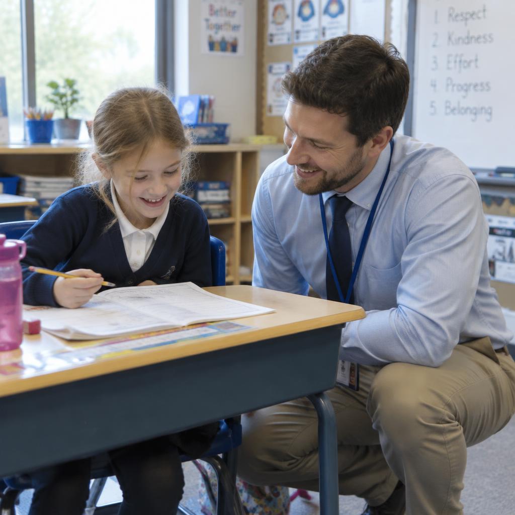 A teacher kneels beside a laughing student at her desk