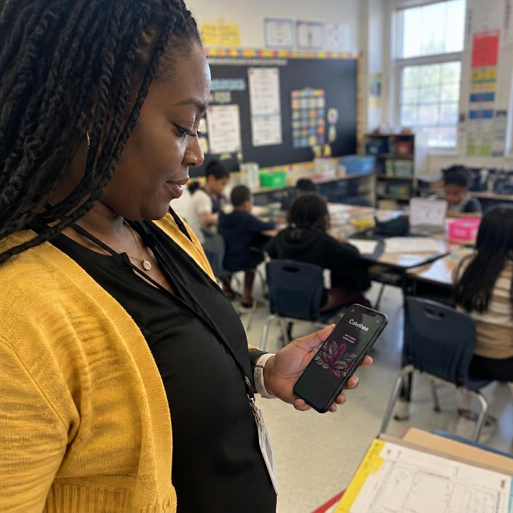A teacher checks Calathea on her phone while her class works